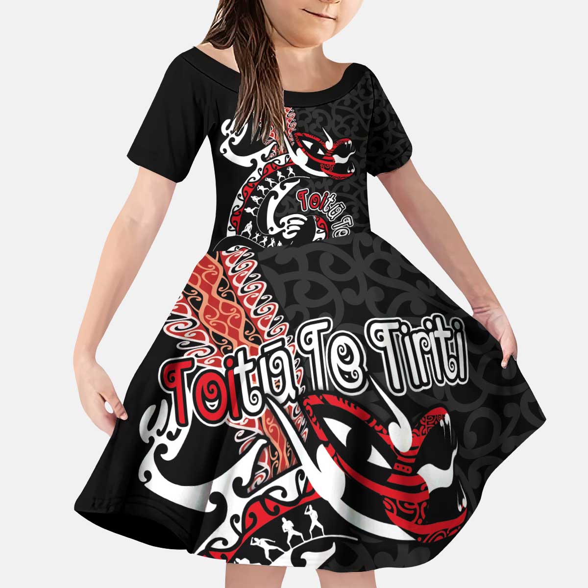 Aotearoa Toitu Te Tiriti Kid Short Sleeve Dress Maori Taniwha Haka - Honour the Treaty LT03 KID Black - Polynesian Pride