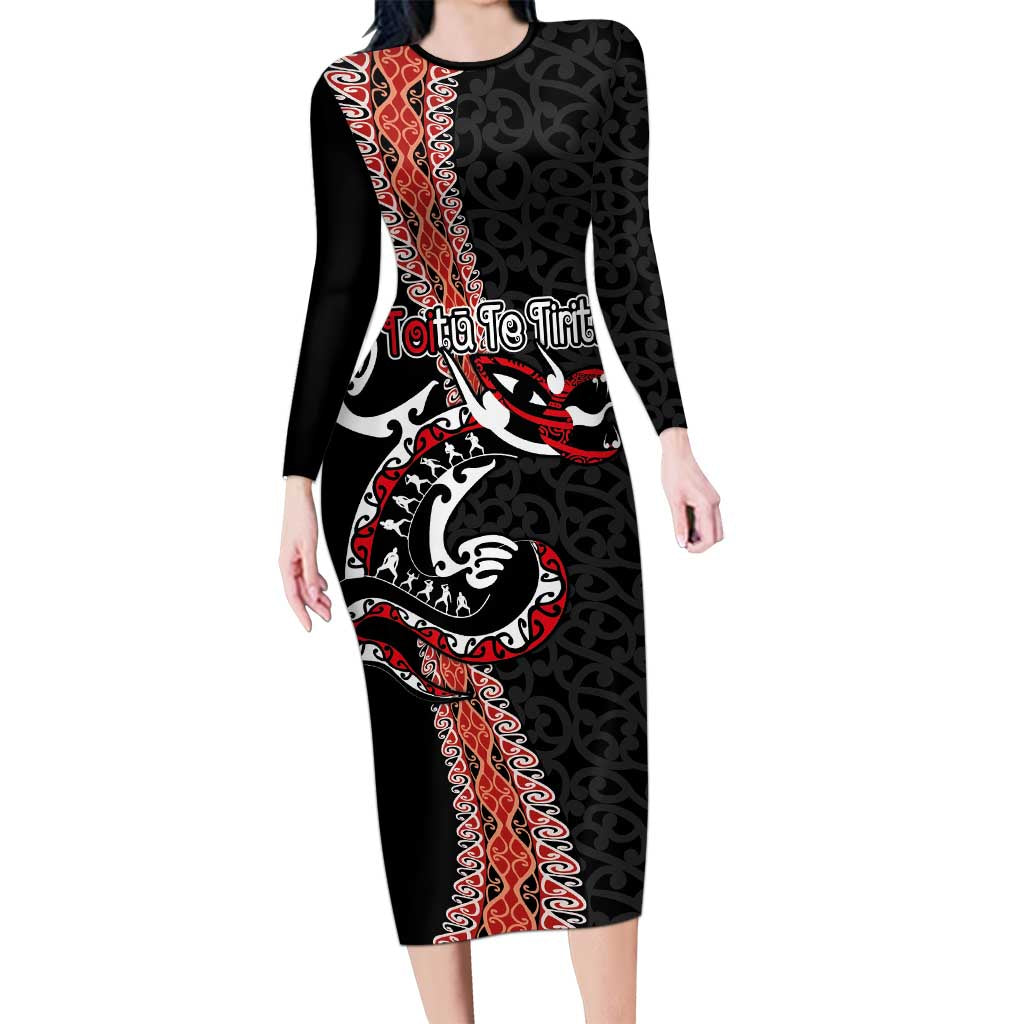 Aotearoa Toitu Te Tiriti Long Sleeve Bodycon Dress Maori Taniwha Haka - Honour the Treaty