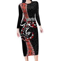 Aotearoa Toitu Te Tiriti Long Sleeve Bodycon Dress Maori Taniwha Haka - Honour the Treaty LT03 Long Dress Black - Polynesian Pride