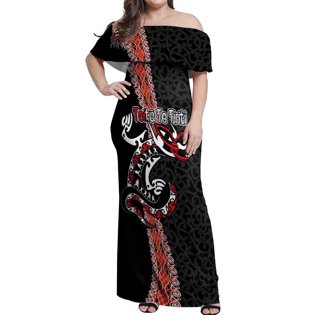 Aotearoa Toitu Te Tiriti Off Shoulder Maxi Dress Maori Taniwha Haka - Honour the Treaty LT03 Women Black - Polynesian Pride