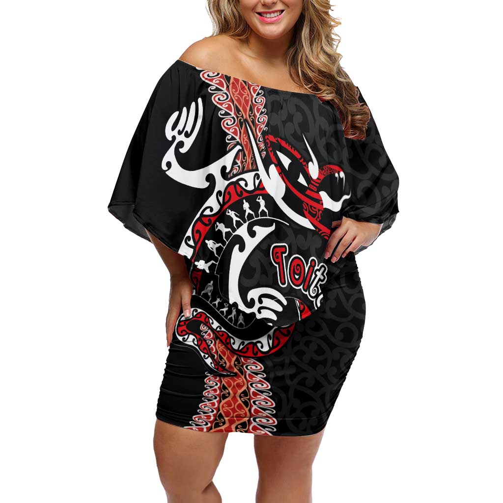 Aotearoa Toitu Te Tiriti Off Shoulder Short Dress Maori Taniwha Haka - Honour the Treaty LT03 Women Black - Polynesian Pride