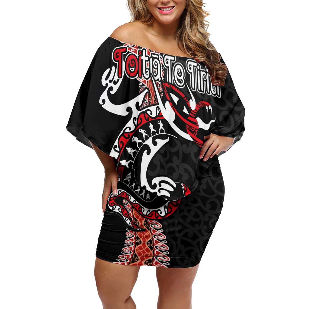 Aotearoa Toitu Te Tiriti Off Shoulder Short Dress Maori Taniwha Haka - Honour the Treaty