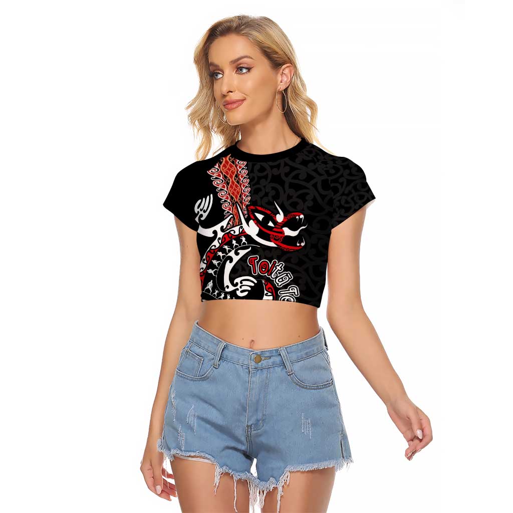 Aotearoa Toitu Te Tiriti Raglan Cropped T Shirt Maori Taniwha Haka - Honour the Treaty LT03