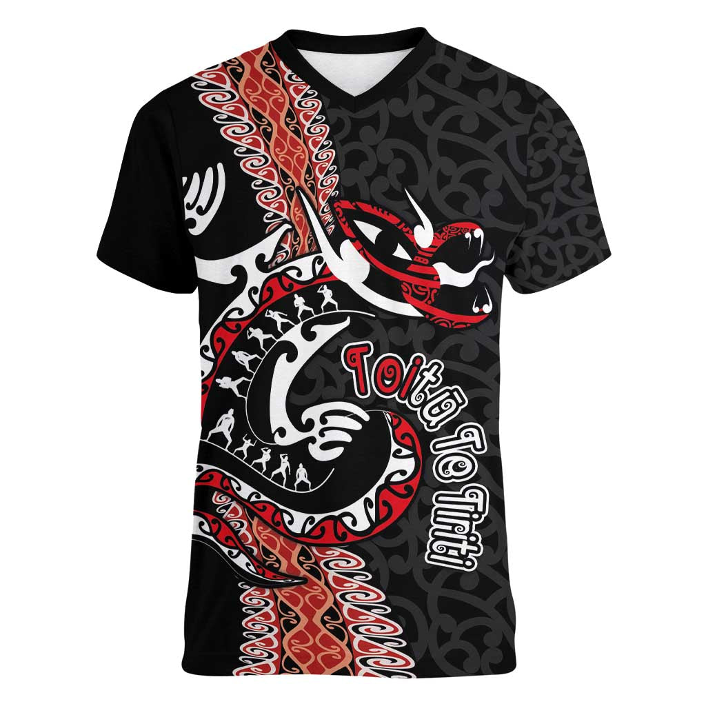 Aotearoa Toitu Te Tiriti Women V-Neck T-Shirt Maori Taniwha Haka - Honour the Treaty LT03 Female Black - Polynesian Pride