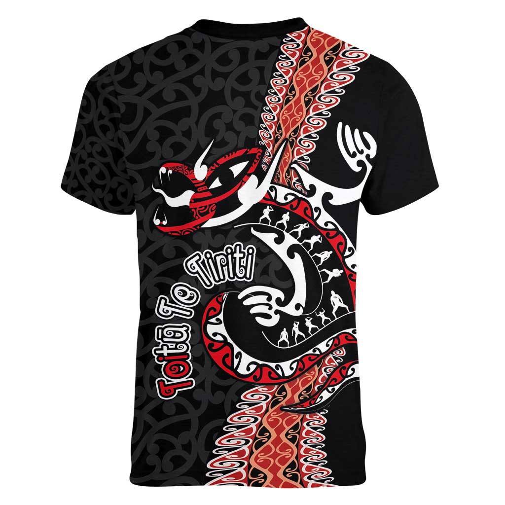 Aotearoa Toitu Te Tiriti Women V-Neck T-Shirt Maori Taniwha Haka - Honour the Treaty LT03 - Polynesian Pride