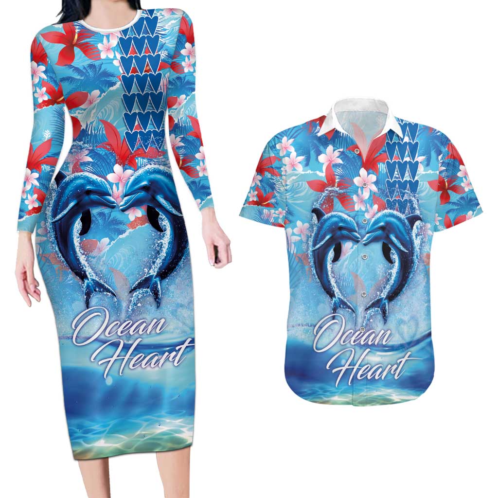 Hawaiian Dolphin Love Couple - Ocean Heart Couples Matching Long Sleeve Bodycon Dress and Hawaiian Shirt