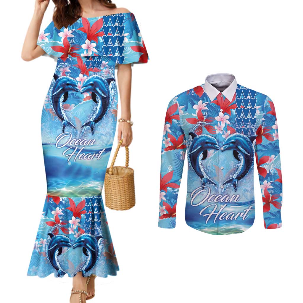 Hawaiian Dolphin Love Couple - Ocean Heart Couples Matching Mermaid Dress and Long Sleeve Button Shirt