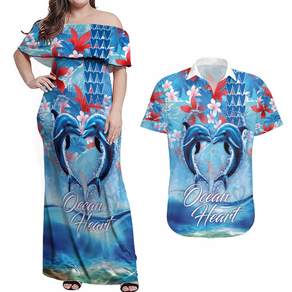 Hawaiian Dolphin Love Couple - Ocean Heart Couples Matching Off Shoulder Maxi Dress and Hawaiian Shirt