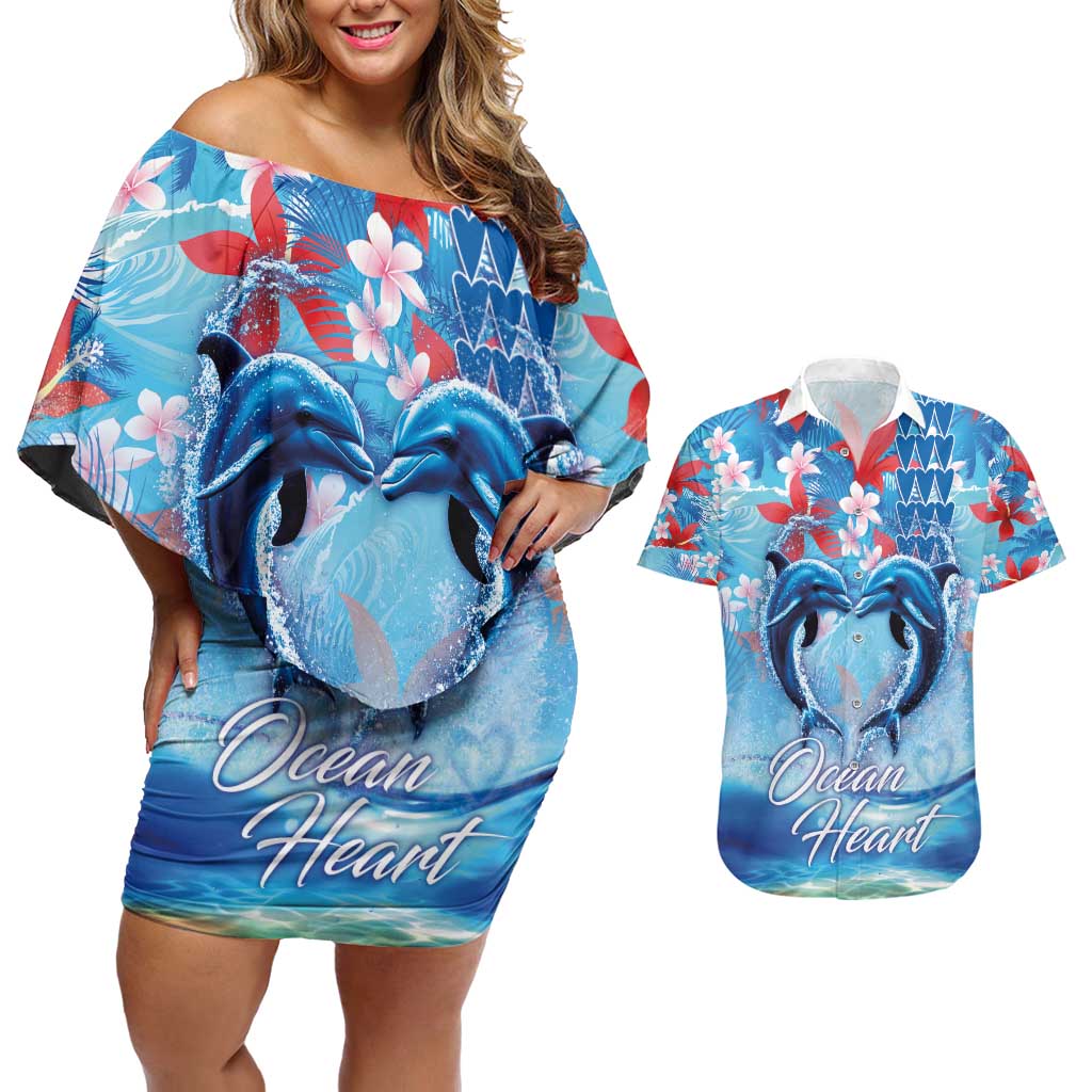 Hawaiian Dolphin Love Couple - Ocean Heart Couples Matching Off Shoulder Short Dress and Hawaiian Shirt