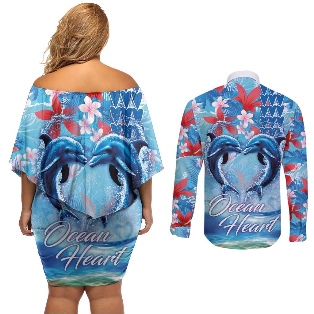 Hawaiian Dolphin Love Couple - Ocean Heart Couples Matching Off Shoulder Short Dress and Long Sleeve Button Shirt