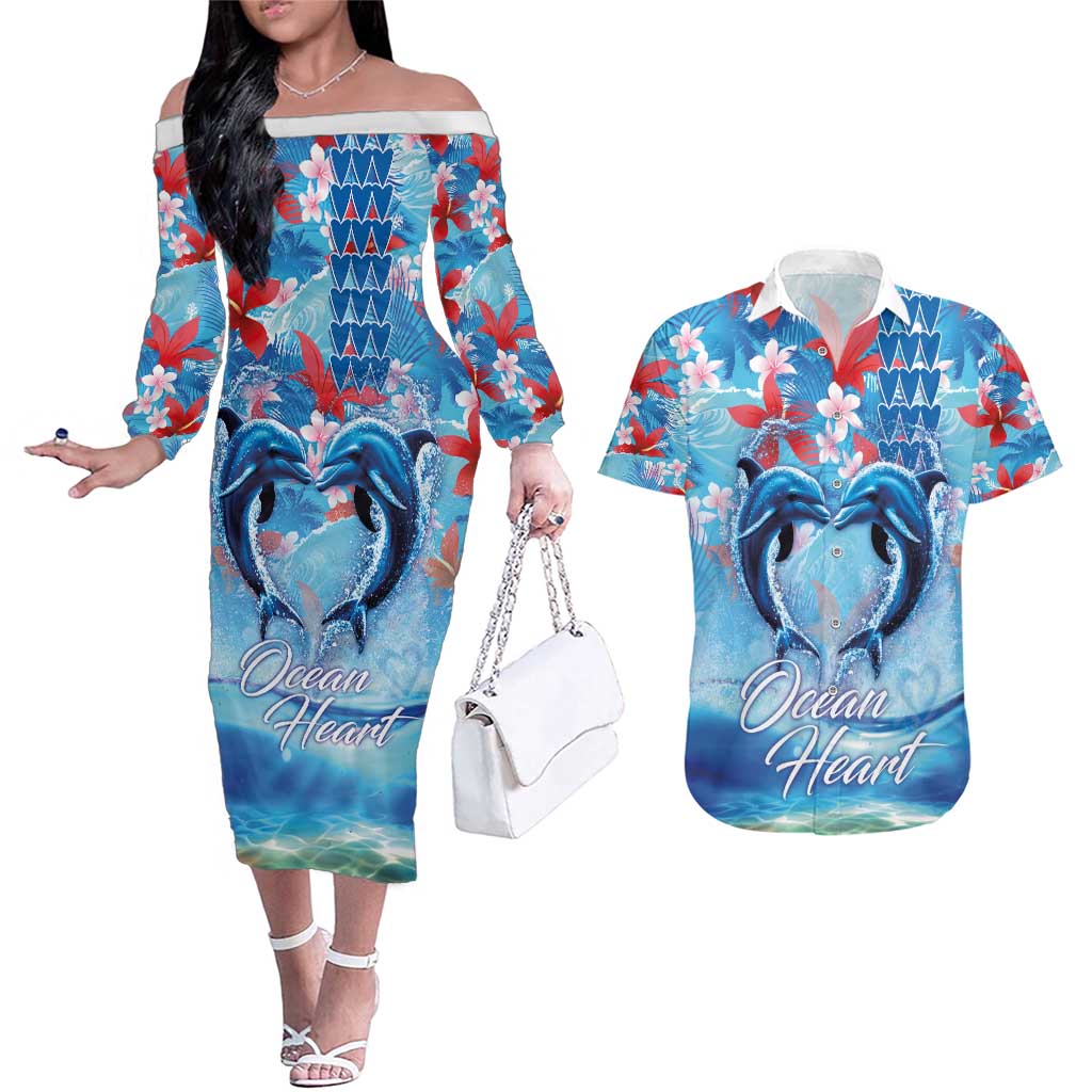 Hawaiian Dolphin Love Couple - Ocean Heart Couples Matching Off The Shoulder Long Sleeve Dress and Hawaiian Shirt