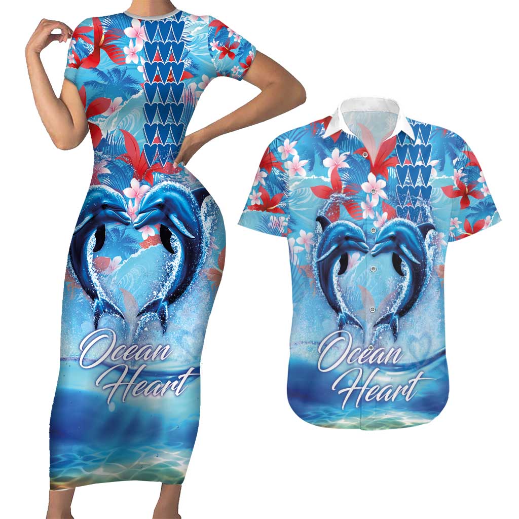 Hawaiian Dolphin Love Couple - Ocean Heart Couples Matching Short Sleeve Bodycon Dress and Hawaiian Shirt