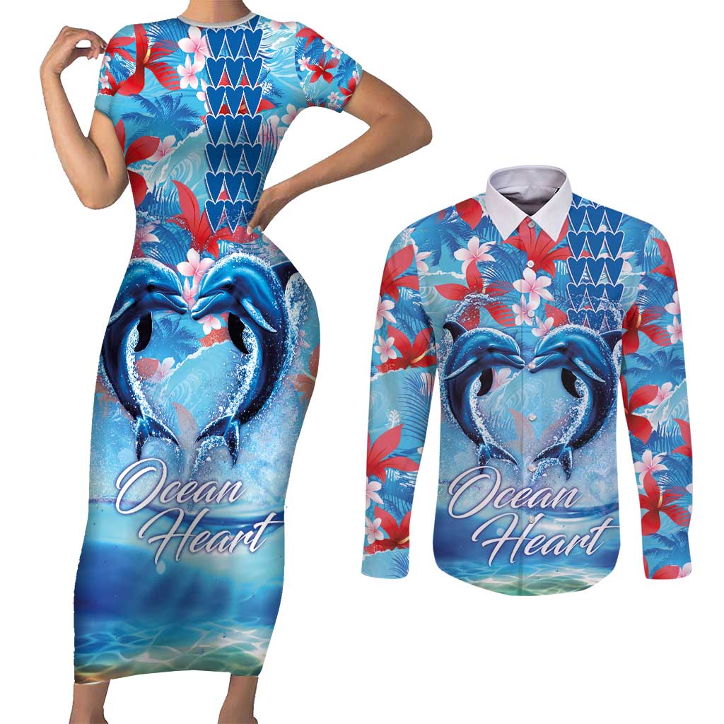 Hawaiian Dolphin Love Couple - Ocean Heart Couples Matching Short Sleeve Bodycon Dress and Long Sleeve Button Shirt