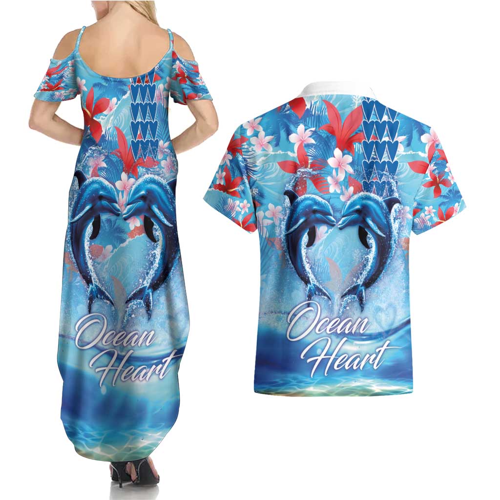 Hawaiian Dolphin Love Couple - Ocean Heart Couples Matching Summer Maxi Dress and Hawaiian Shirt