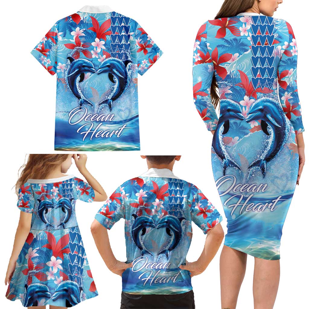 Hawaiian Dolphin Love Couple - Ocean Heart Family Matching Long Sleeve Bodycon Dress and Hawaiian Shirt