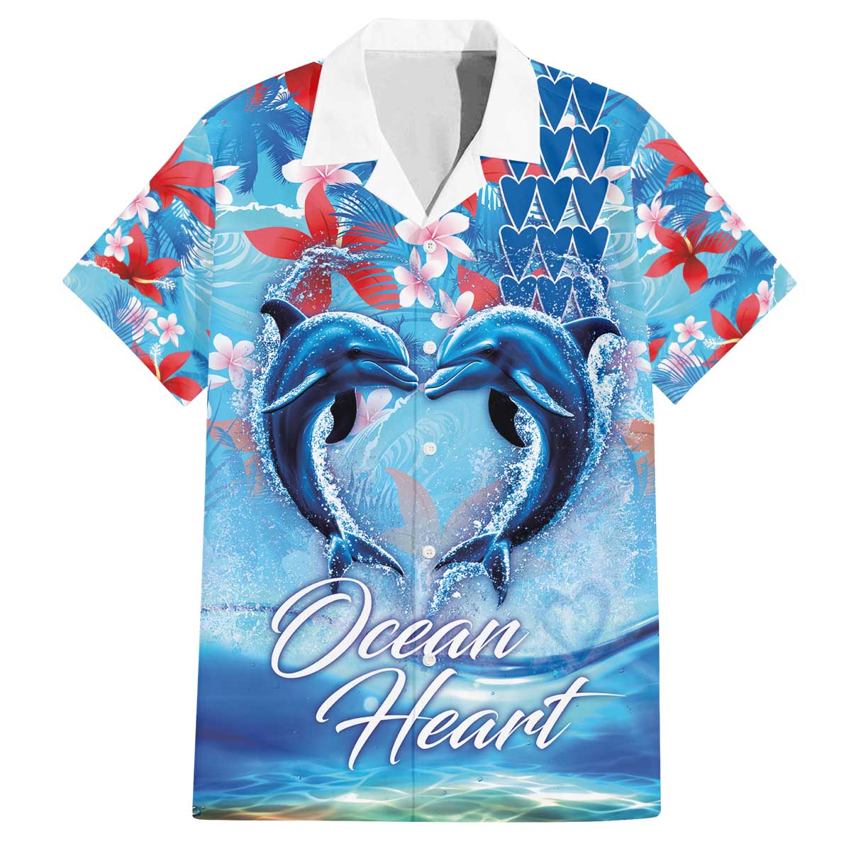 Hawaiian Dolphin Love Couple - Ocean Heart Family Matching Off The Shoulder Long Sleeve Dress and Hawaiian Shirt