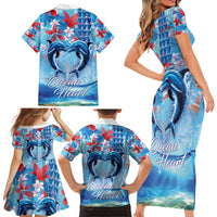 Hawaiian Dolphin Love Couple - Ocean Heart Family Matching Short Sleeve Bodycon Dress and Hawaiian Shirt