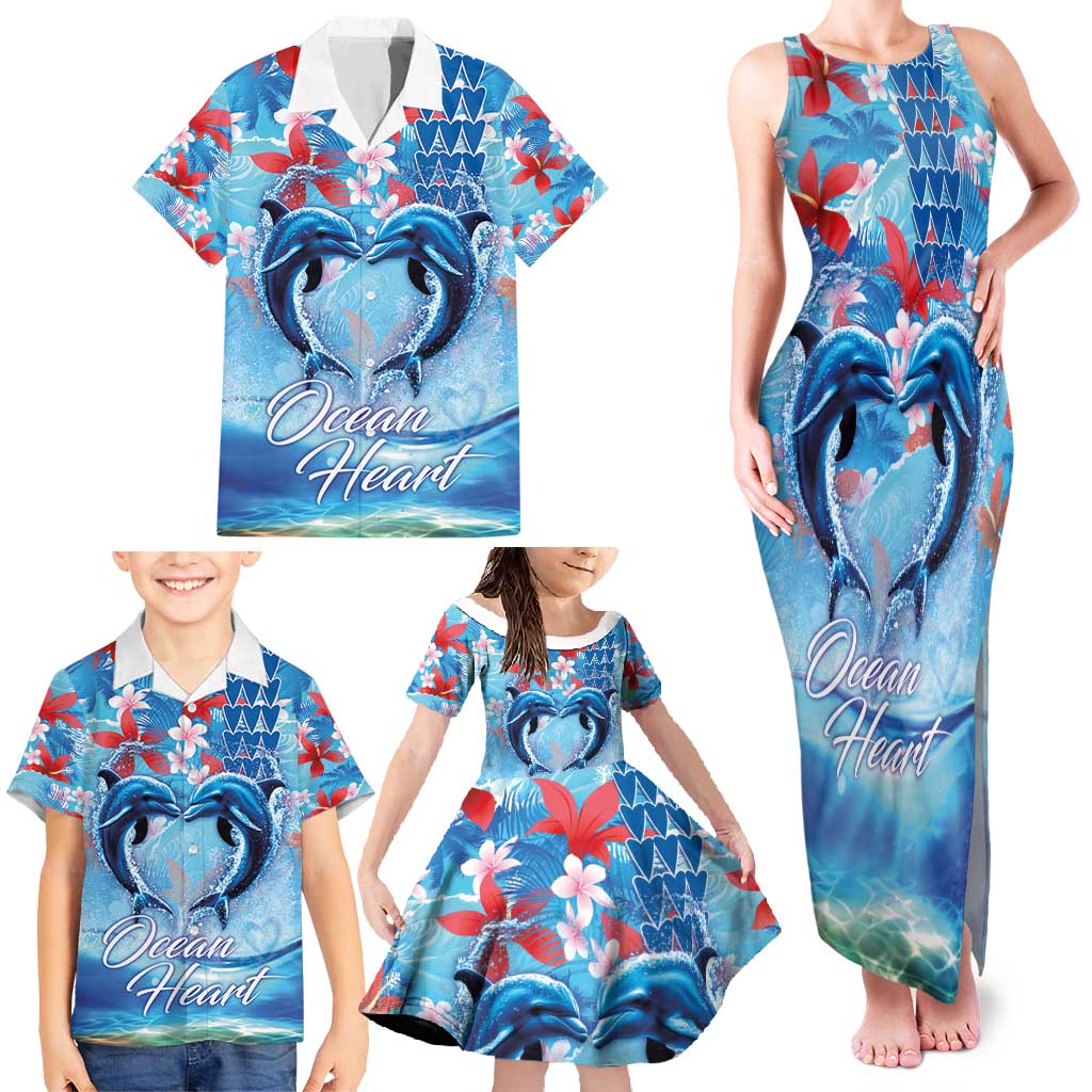 Hawaiian Dolphin Love Couple - Ocean Heart Family Matching Tank Maxi Dress and Hawaiian Shirt
