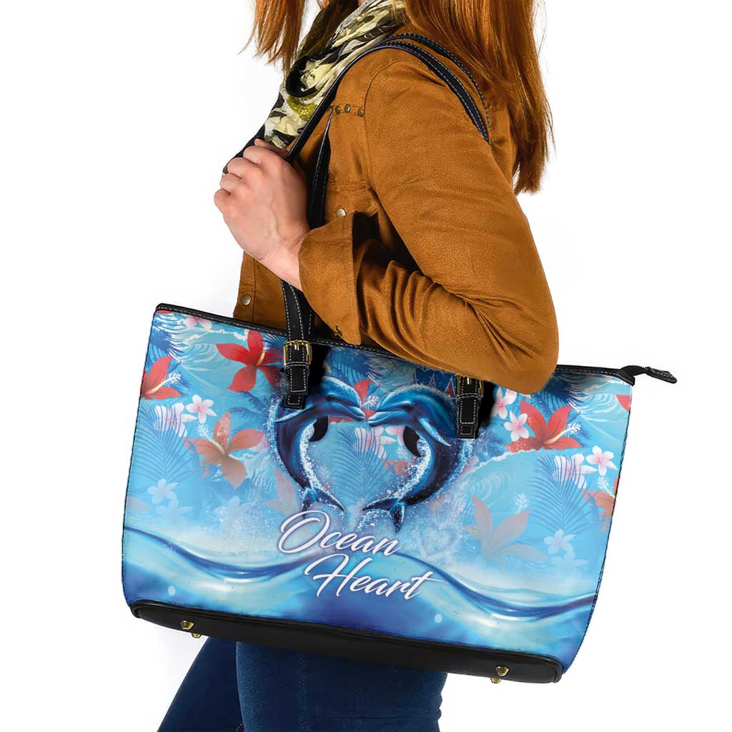 Hawaiian Dolphin Love Couple - Ocean Heart Leather Tote Bag