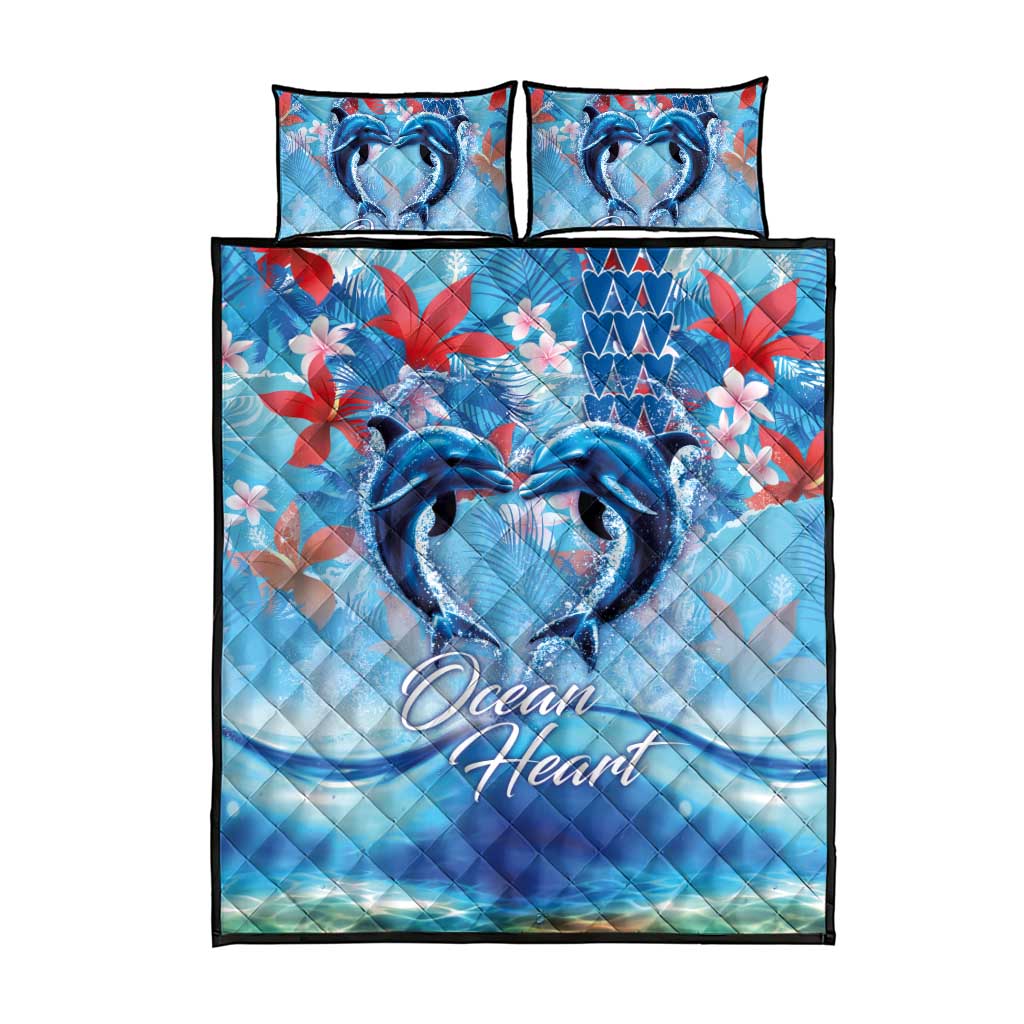 Hawaiian Dolphin Love Couple - Ocean Heart Quilt Bed Set