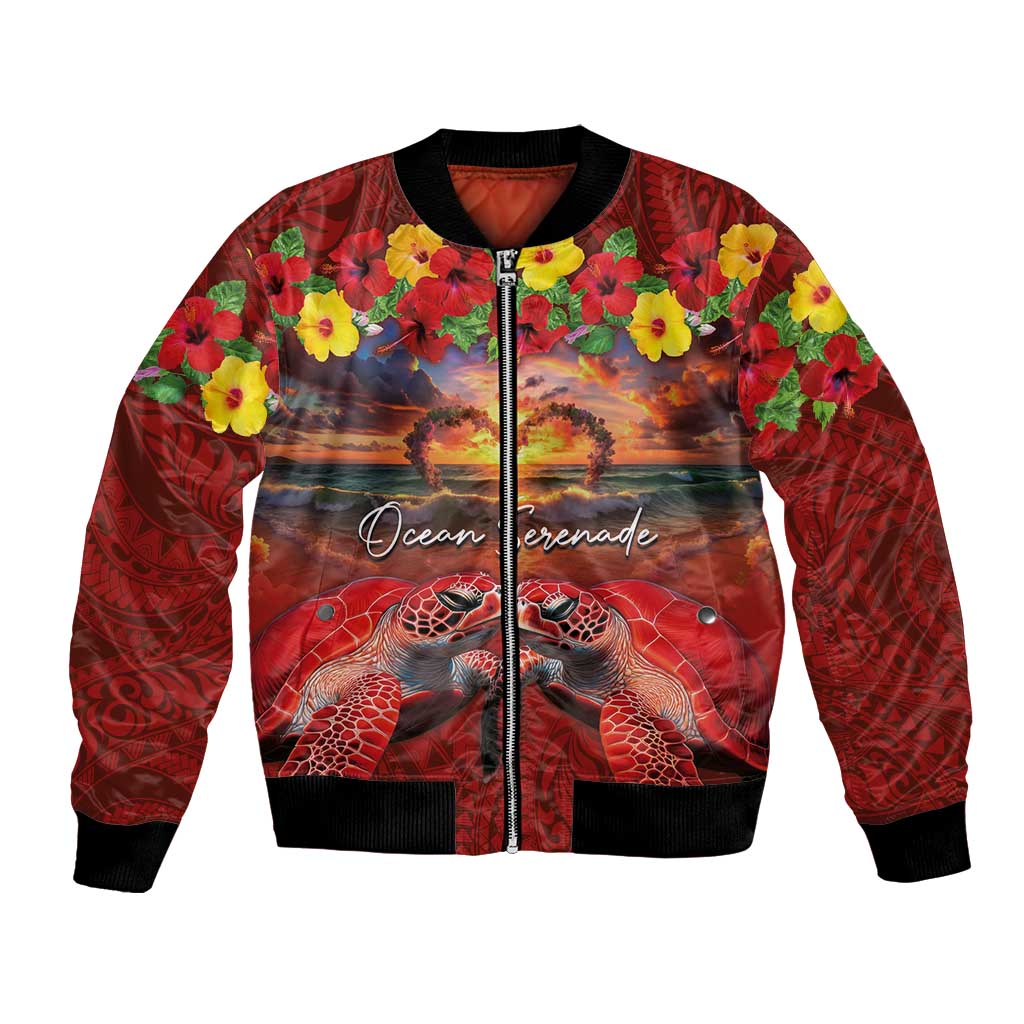 Hawaiian Turtle Love Couple Bomber Jacket Ocean Serenade - Honu Honi Ihu with Hibiscus and Romantic Sunset Red Color