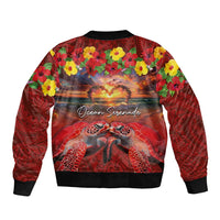 Hawaiian Turtle Love Couple Bomber Jacket Ocean Serenade - Honu Honi Ihu with Hibiscus and Romantic Sunset Red Color