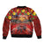 Hawaiian Turtle Love Couple Bomber Jacket Ocean Serenade - Honu Honi Ihu with Hibiscus and Romantic Sunset Red Color