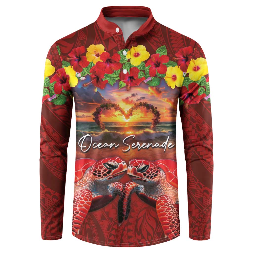 Hawaiian Turtle Love Couple Button Sweatshirt Ocean Serenade - Honu Honi Ihu with Hibiscus and Romantic Sunset Red Color