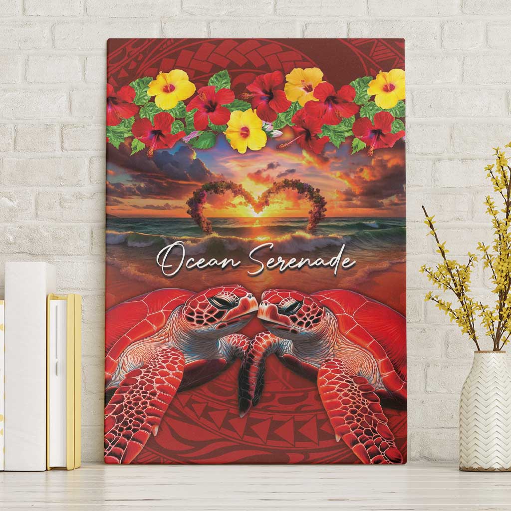 Hawaiian Turtle Love Couple Canvas Wall Art Ocean Serenade - Honu Honi Ihu with Hibiscus and Romantic Sunset Red Color