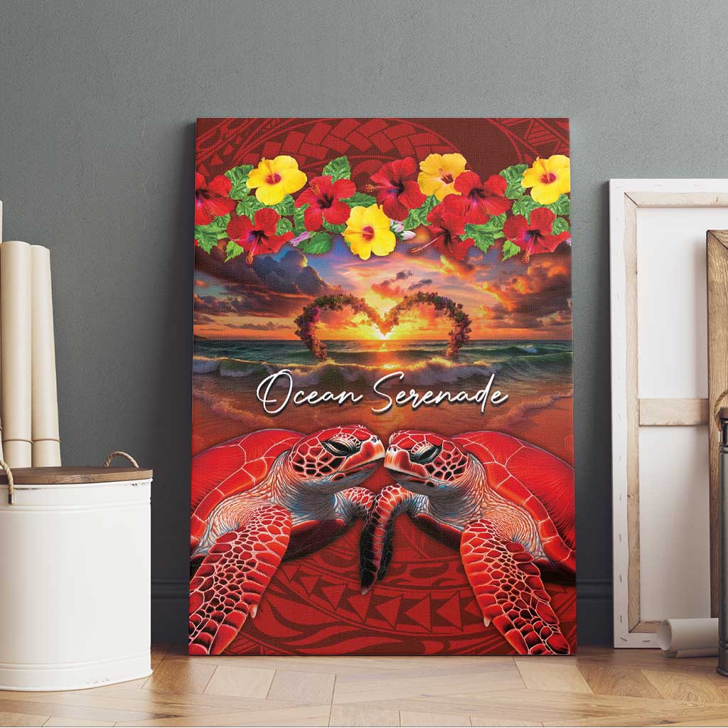 Hawaiian Turtle Love Couple Canvas Wall Art Ocean Serenade - Honu Honi Ihu with Hibiscus and Romantic Sunset Red Color