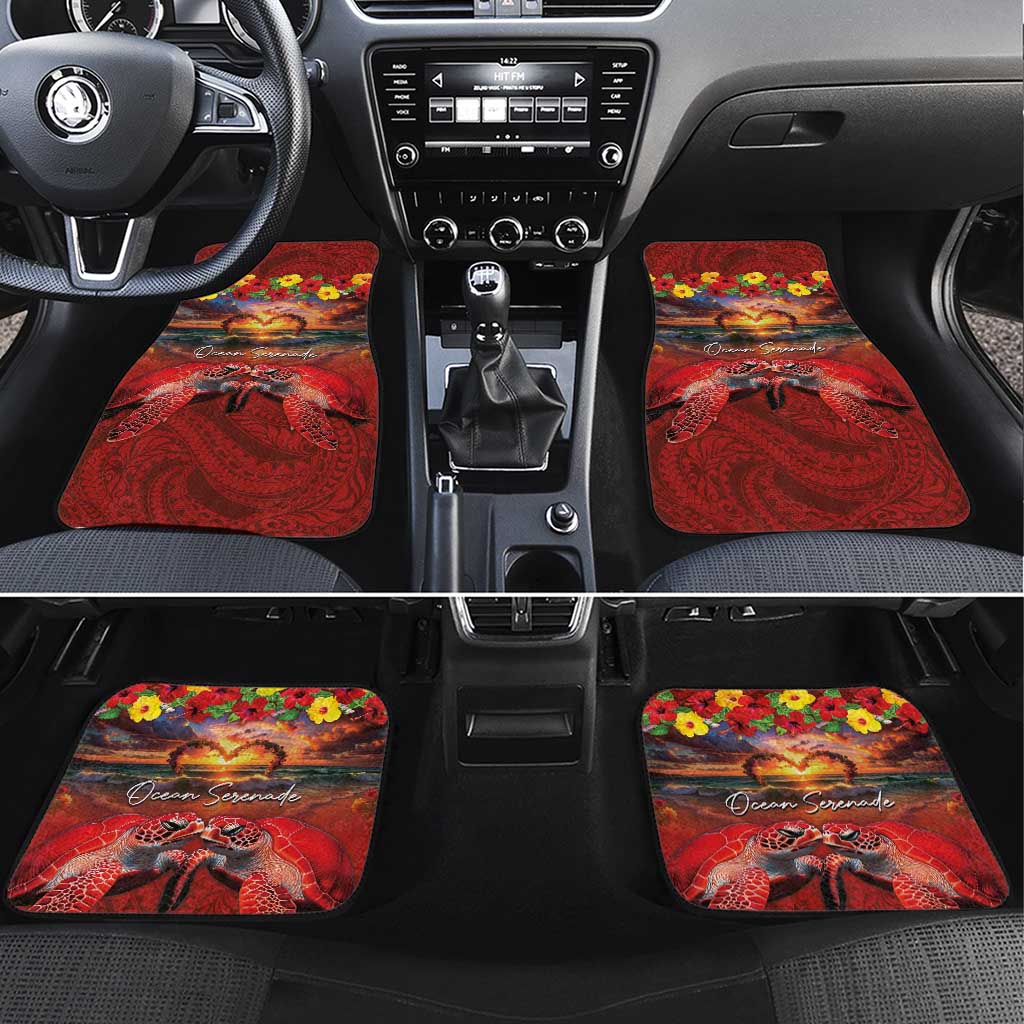 Hawaiian Turtle Love Couple Car Mats Ocean Serenade - Honu Honi Ihu with Hibiscus and Romantic Sunset Red Color