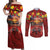 Hawaiian Turtle Love Couple Couples Matching Off Shoulder Maxi Dress and Long Sleeve Button Shirt Ocean Serenade - Honu Honi Ihu with Hibiscus and Romantic Sunset Red Color