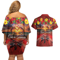 Hawaiian Turtle Love Couple Couples Matching Off Shoulder Short Dress and Hawaiian Shirt Ocean Serenade - Honu Honi Ihu with Hibiscus and Romantic Sunset Red Color