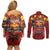 Hawaiian Turtle Love Couple Couples Matching Off Shoulder Short Dress and Long Sleeve Button Shirt Ocean Serenade - Honu Honi Ihu with Hibiscus and Romantic Sunset Red Color