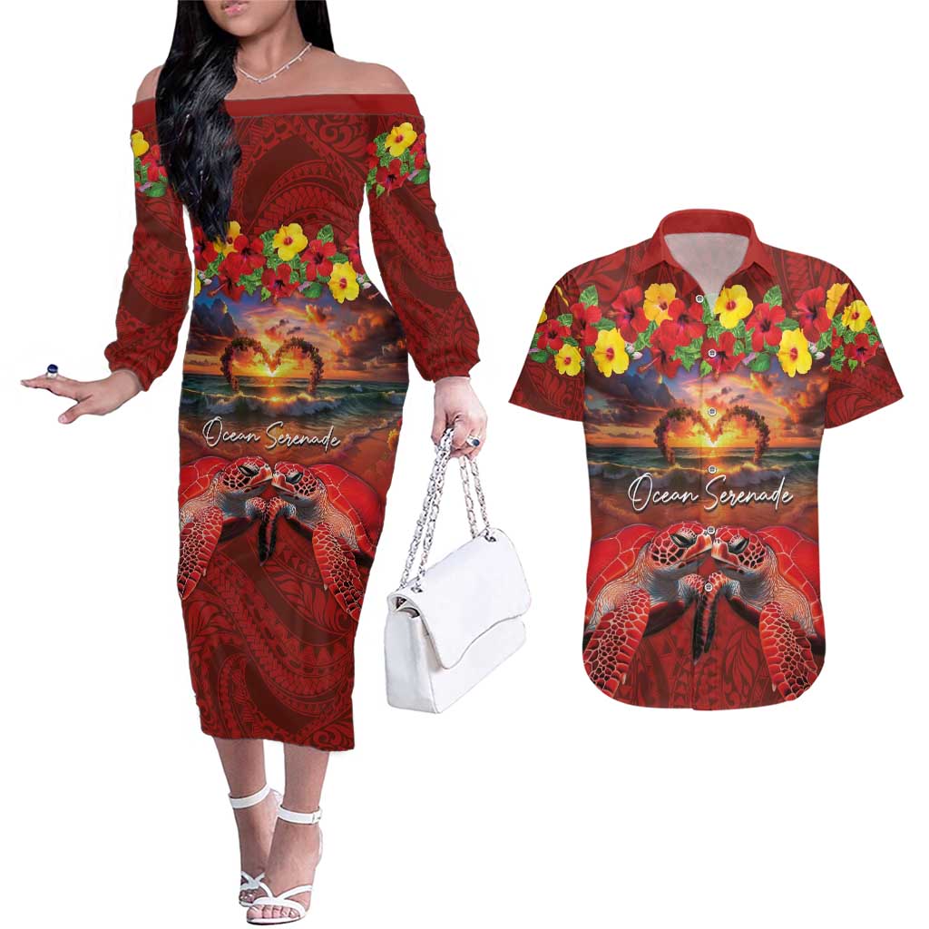 Hawaiian Turtle Love Couple Couples Matching Off The Shoulder Long Sleeve Dress and Hawaiian Shirt Ocean Serenade - Honu Honi Ihu with Hibiscus and Romantic Sunset Red Color