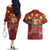 Hawaiian Turtle Love Couple Couples Matching Off The Shoulder Long Sleeve Dress and Hawaiian Shirt Ocean Serenade - Honu Honi Ihu with Hibiscus and Romantic Sunset Red Color