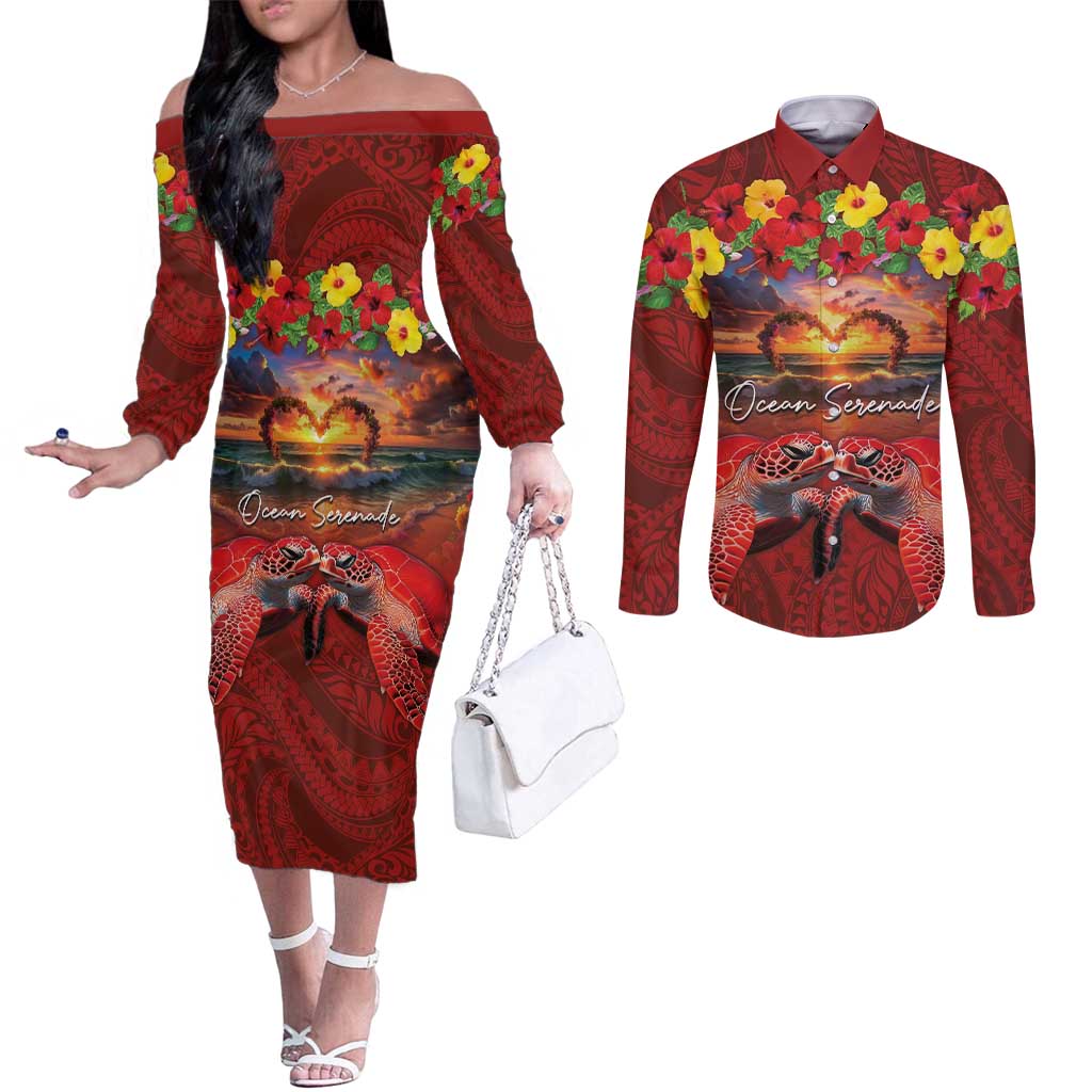 Hawaiian Turtle Love Couple Couples Matching Off The Shoulder Long Sleeve Dress and Long Sleeve Button Shirt Ocean Serenade - Honu Honi Ihu with Hibiscus and Romantic Sunset Red Color