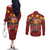 Hawaiian Turtle Love Couple Couples Matching Off The Shoulder Long Sleeve Dress and Long Sleeve Button Shirt Ocean Serenade - Honu Honi Ihu with Hibiscus and Romantic Sunset Red Color