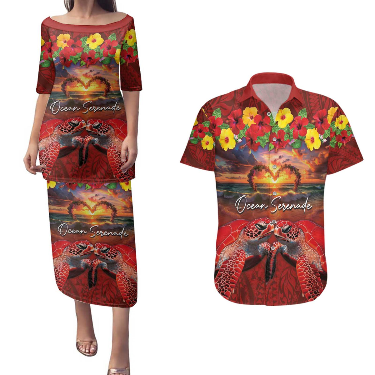 Hawaiian Turtle Love Couple Couples Matching Puletasi and Hawaiian Shirt Ocean Serenade - Honu Honi Ihu with Hibiscus and Romantic Sunset Red Color