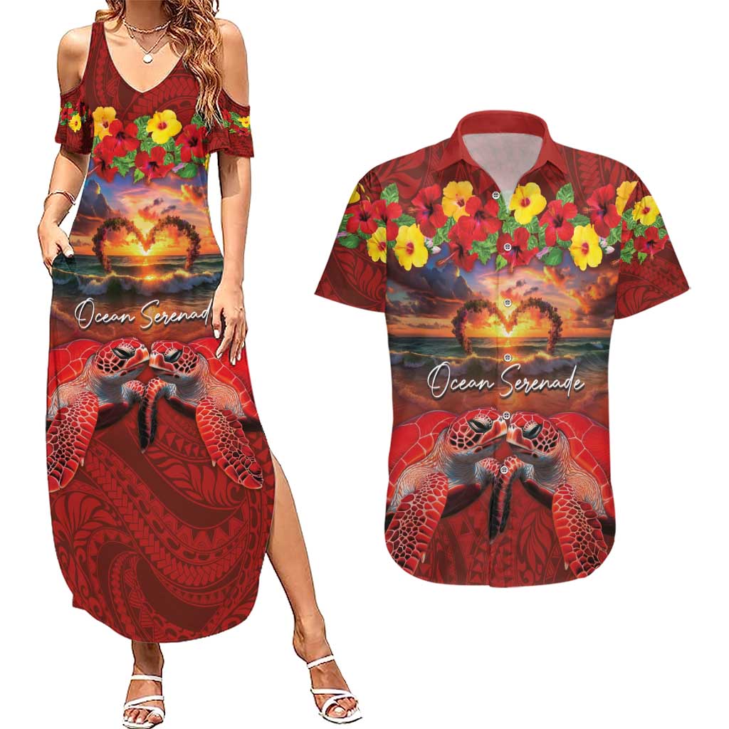 Hawaiian Turtle Love Couple Couples Matching Summer Maxi Dress and Hawaiian Shirt Ocean Serenade - Honu Honi Ihu with Hibiscus and Romantic Sunset Red Color