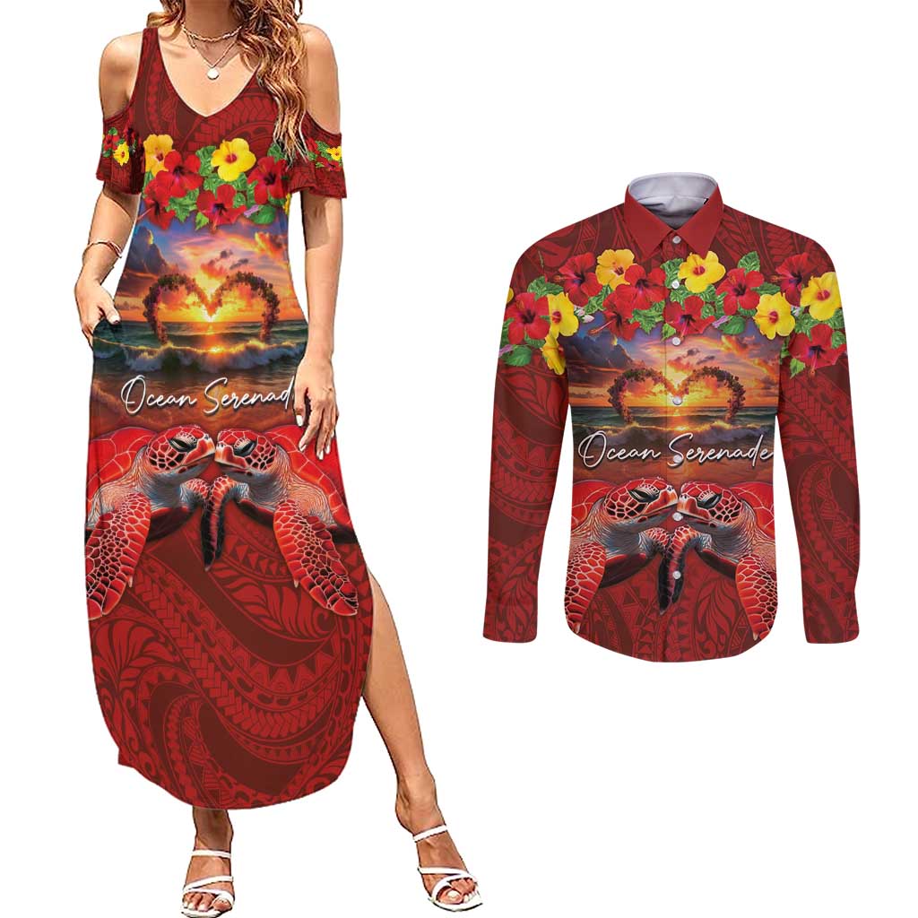 Hawaiian Turtle Love Couple Couples Matching Summer Maxi Dress and Long Sleeve Button Shirt Ocean Serenade - Honu Honi Ihu with Hibiscus and Romantic Sunset Red Color