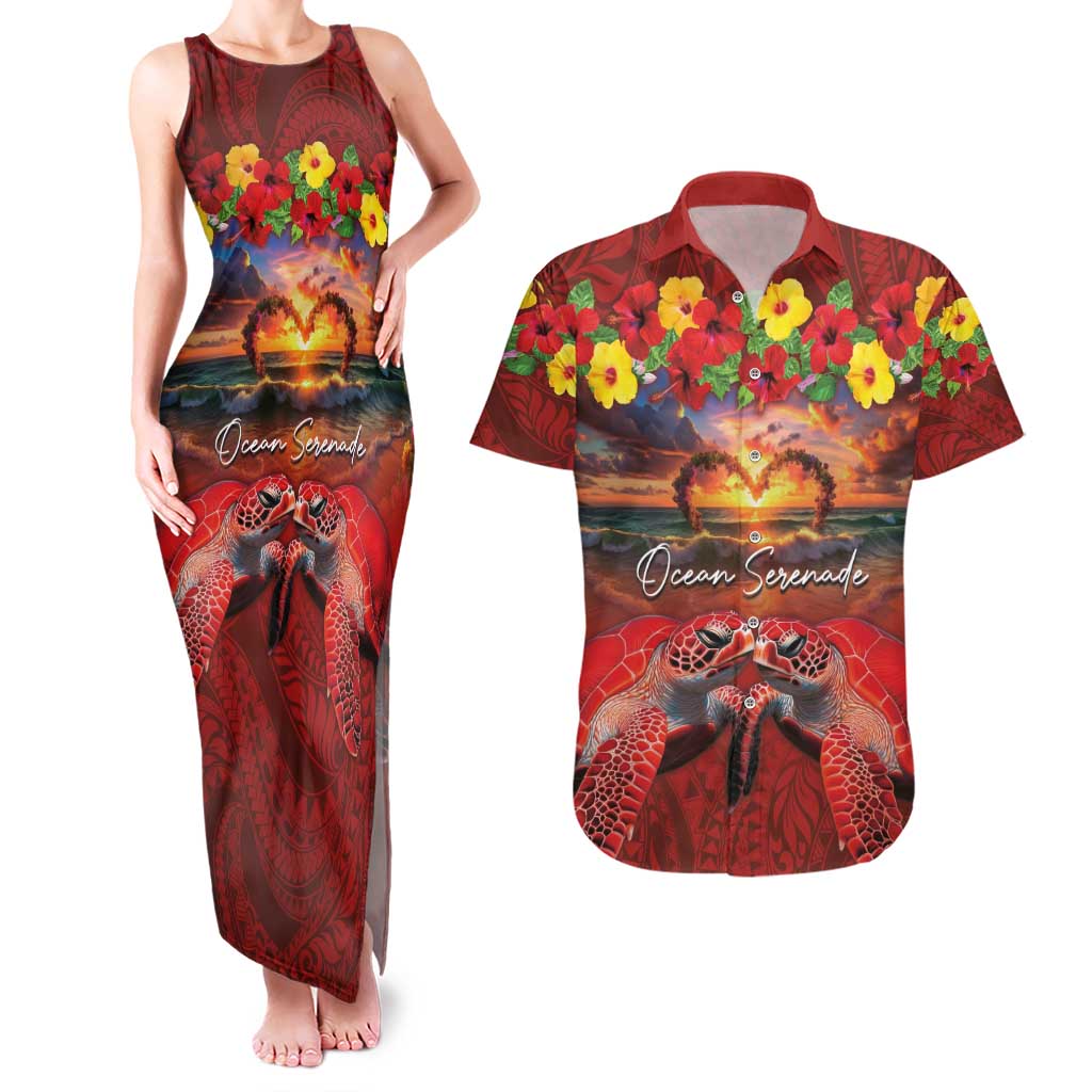 Hawaiian Turtle Love Couple Couples Matching Tank Maxi Dress and Hawaiian Shirt Ocean Serenade - Honu Honi Ihu with Hibiscus and Romantic Sunset Red Color