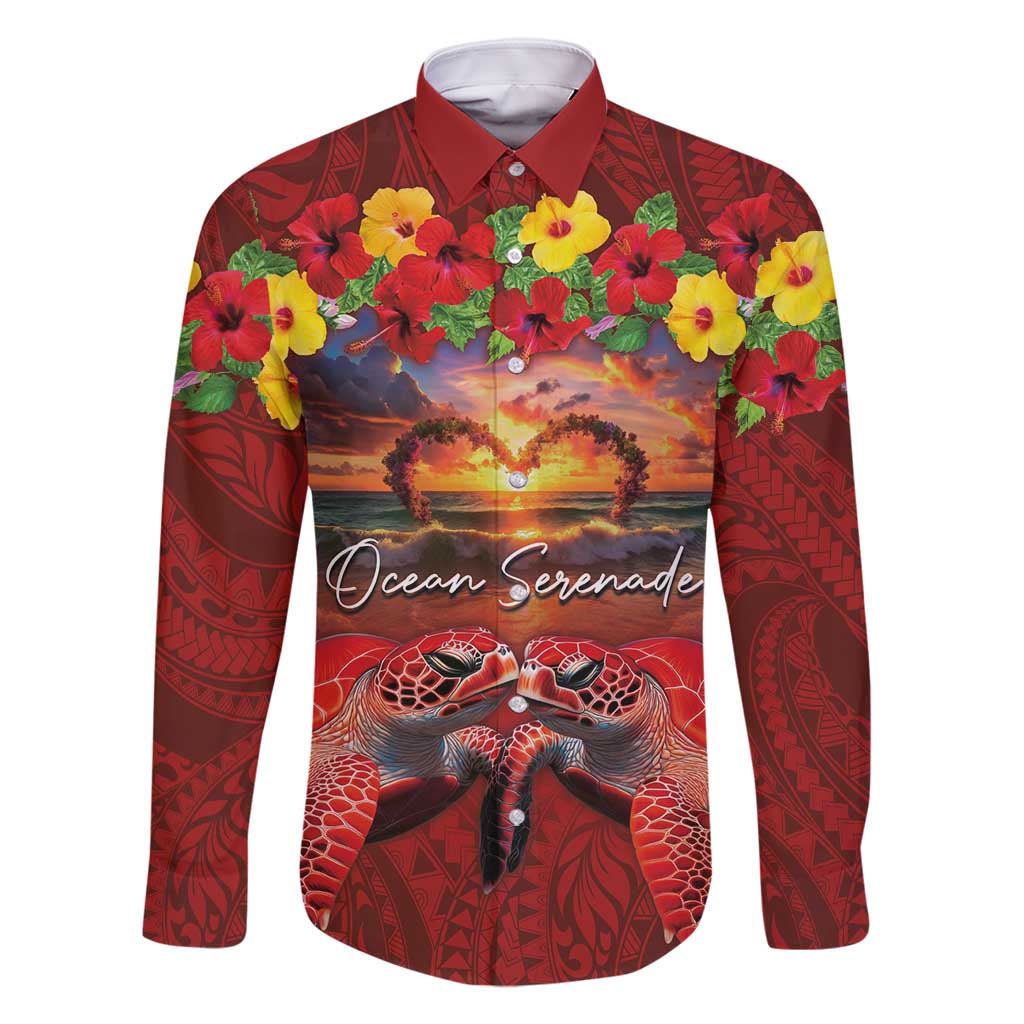 Hawaiian Turtle Love Couple Family Matching Long Sleeve Bodycon Dress and Hawaiian Shirt Ocean Serenade - Honu Honi Ihu with Hibiscus and Romantic Sunset Red Color