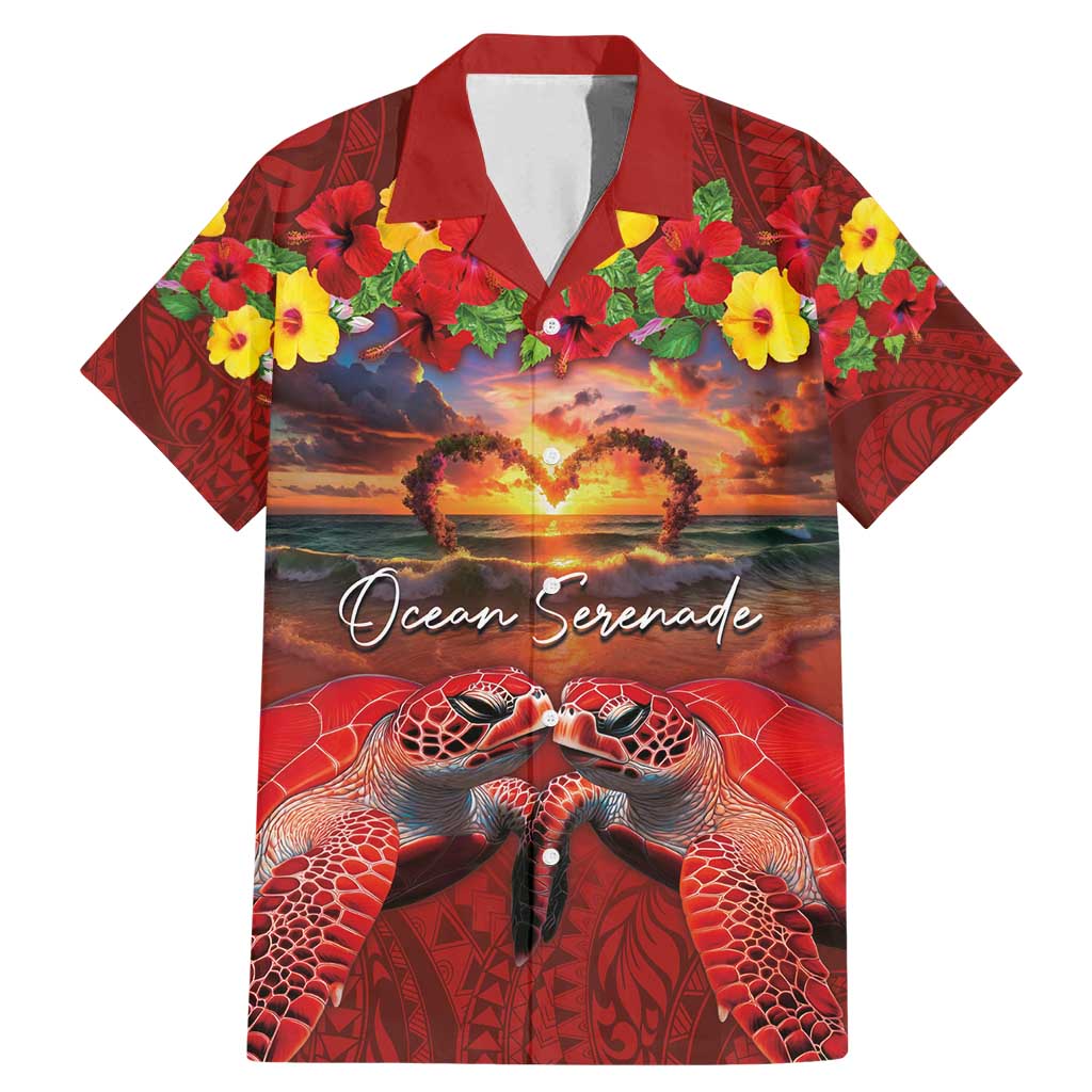 Hawaiian Turtle Love Couple Family Matching Mermaid Dress and Hawaiian Shirt Ocean Serenade - Honu Honi Ihu with Hibiscus and Romantic Sunset Red Color