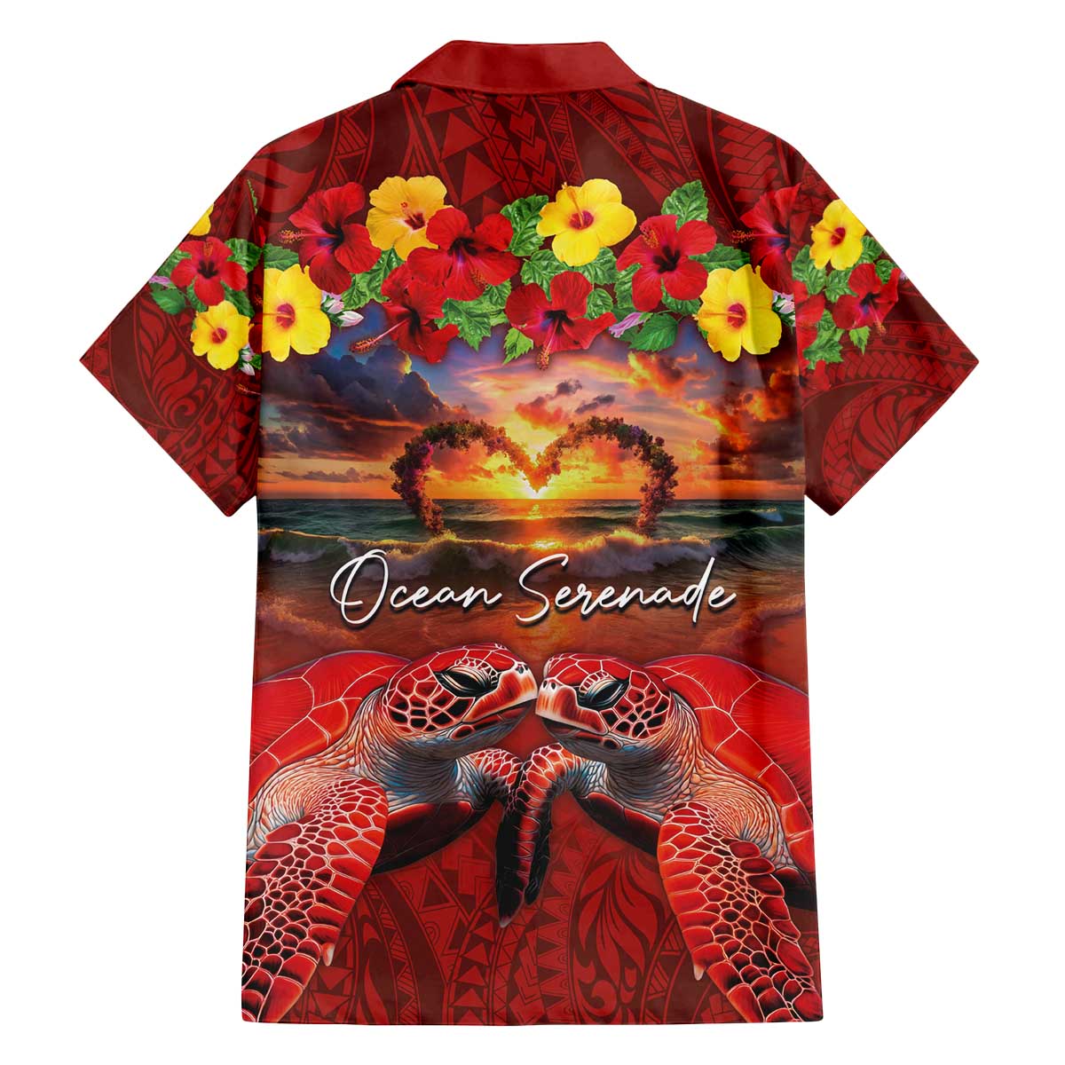 Hawaiian Turtle Love Couple Family Matching Off The Shoulder Long Sleeve Dress and Hawaiian Shirt Ocean Serenade - Honu Honi Ihu with Hibiscus and Romantic Sunset Red Color