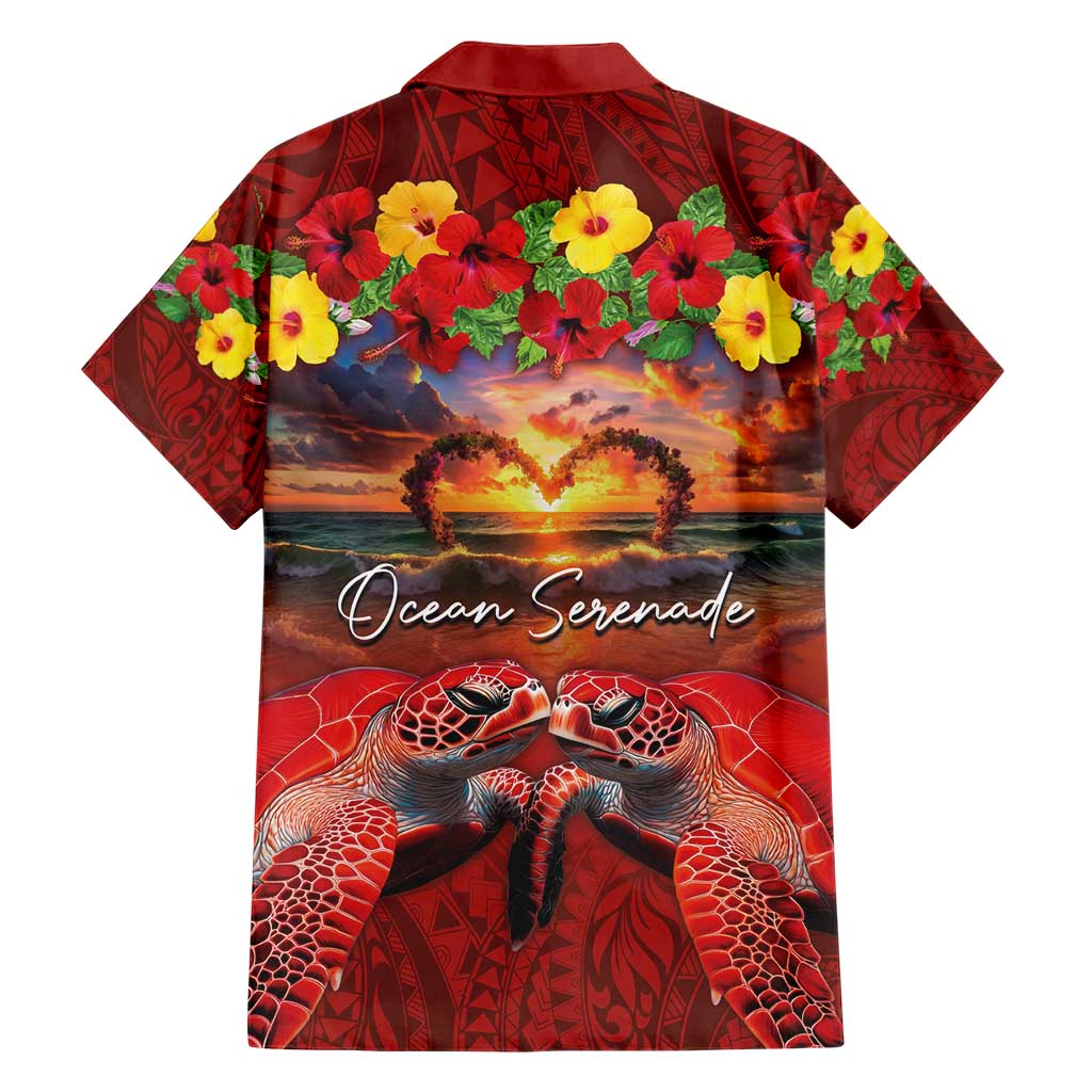 Hawaiian Turtle Love Couple Family Matching Short Sleeve Bodycon Dress and Hawaiian Shirt Ocean Serenade - Honu Honi Ihu with Hibiscus and Romantic Sunset Red Color