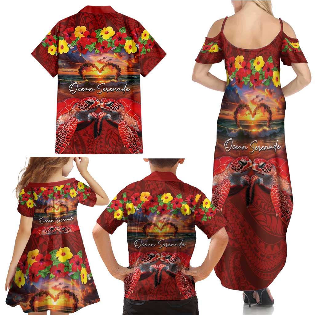 Hawaiian Turtle Love Couple Family Matching Summer Maxi Dress and Hawaiian Shirt Ocean Serenade - Honu Honi Ihu with Hibiscus and Romantic Sunset Red Color