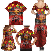 Hawaiian Turtle Love Couple Family Matching Summer Maxi Dress and Hawaiian Shirt Ocean Serenade - Honu Honi Ihu with Hibiscus and Romantic Sunset Red Color