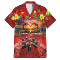 Hawaiian Turtle Love Couple Family Matching Tank Maxi Dress and Hawaiian Shirt Ocean Serenade - Honu Honi Ihu with Hibiscus and Romantic Sunset Red Color