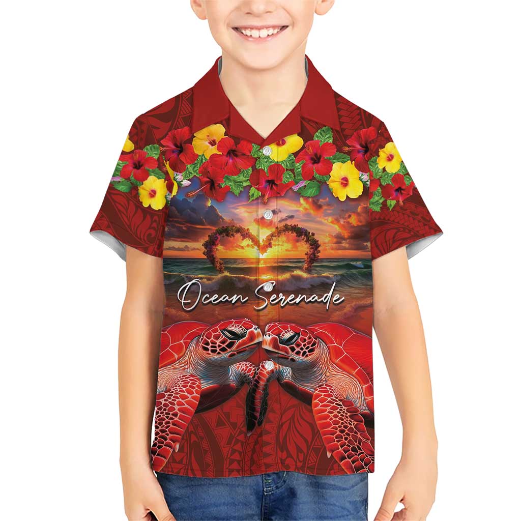 Hawaiian Turtle Love Couple Kid Hawaiian Shirt Ocean Serenade - Honu Honi Ihu with Hibiscus and Romantic Sunset Red Color